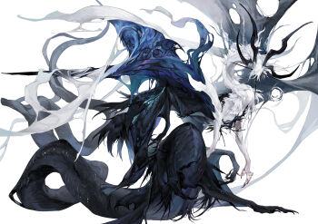 absurdres black_horns black_skin black_wings blue_wings claws colored_skin deepsea9013 eldritch_abomination full_body highres horns large_tail long_tail monster monster_focus multiple_horns no_humans original simple_background solo tail white_background white_fur white_wings wings