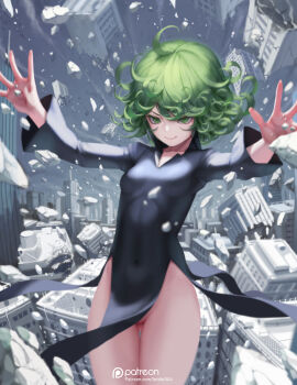 1girl ahoge black_dress covered_navel cowboy_shot curly_hair debris dress full_body green_eyes green_hair half-closed_eyes letdie1414 long_sleeves no_panties one-punch_man outstretched_arms pelvic_curtain pussy pussy_peek realistic short_hair smile tatsumaki telekinesis