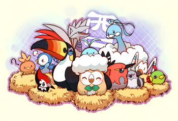 ? altaria angry animal_focus bird black_eyes blue_eyes blush chinese_zodiac commentary_request fletchinder gen_2_pokemon gen_3_pokemon gen_4_pokemon gen_5_pokemon gen_6_pokemon gen_7_pokemon natu nest nintendo no_humans open_mouth pidove pikipek piplup pokemon pokemon_(creature) putto rowlet skarmory swablu torchic toucannon translated wingull year_of_the_rooster