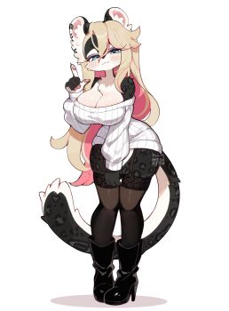 1girl animal_ear_piercing animal_ears artist_name bare_shoulders black_boots black_thighhighs blonde_hair blue_eyes boots breasts cleavage full_body high_heel_boots high_heels highres index_finger_raised large_breasts leopard_ears leopard_girl leopard_tail long_hair long_sleeves looking_at_viewer medikitten multicolored_hair off-shoulder_sweater off_shoulder original pink_hair ribbed_sweater simple_background skindentation solo sweater tail thick_thighs thighhighs thighs two-tone_hair very_long_hair white_background white_sweater wide_hips