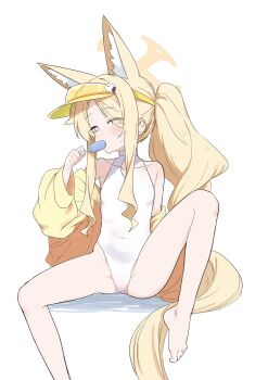 1girl absurdres animal_ear_fluff animal_ears blue_archive breasts covered_navel eating extra_ears eyes_visible_through_hair feet food food_in_mouth fox_ears fox_girl fox_tail half-closed_eyes halo highleg highleg_one-piece_swimsuit highres holding holding_food holding_popsicle jacket loli long_hair long_tail looking_at_viewer makura_u9b off_shoulder official_alternate_costume one-piece_swimsuit popsicle popsicle_in_mouth seia_(blue_archive) seia_(swimsuit)_(blue_archive) side_ponytail sidelocks simple_background sitting small_breasts solo spread_legs swimsuit tail thighs toes very_long_hair visor_cap white_background white_one-piece_swimsuit yellow_halo yellow_jacket