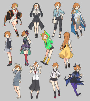 1girl adapted_costume animal_ear_hood ankle_boots arm_tattoo ascot asymmetrical_shorts black_boots black_coat black_hat black_jacket black_pants black_shoes black_shorts black_skirt black_socks black_veil blue_ascot blue_eyes blue_shirt blue_shorts boots bow bowtie brown_hair capri_pants character_request checkered_clothes checkered_shorts china_dress chinese_clothes coat commentary_request cosplay debidebi_debiru debidebi_debiru_(cosplay) demon_horns demon_wings detached_sleeves dress fake_animal_ears glasses gloves green_bow green_bowtie green_jacket grey_background grey_hat grey_skirt grey_sleeves guimpe hand_in_pocket hat headphones headphones_around_neck high_heels highres hood hood_up hooded_jacket horns id_card izumo_kasumi_(1st_costume)_(nijisanji) izumo_kasumi_(nijisanji) izumo_kasumi_(nijisanji)_(cosplay) jacket japanese_clothes jinbei_(clothes) joe_rikiichi joe_rikiichi_(1st_costume) joe_rikiichi_(cosplay) lanyard long_hair maimoto_keisuke maimoto_keisuke_(1st_costume) maimoto_keisuke_(cosplay) medium_skirt mini_hat mini_top_hat miniskirt mismatched_shoes mismatched_thighhighs multiple_costumes multiple_views nakao_azuma nijisanji no_pupils off_shoulder open_clothes open_jacket pants pantyhose pleated_skirt puffy_shorts purple_pantyhose purple_shoes purple_thighhighs red_gloves red_shoes red_socks red_thighhighs ryuushen ryuushen_(1st_costume) ryuushen_(cosplay) sacanahen sandals school_uniform shirt shoes short_dress short_hair short_sleeves shorts simple_background sister_claire sister_claire_(1st_costume) sister_claire_(cosplay) skirt sleeveless sleeveless_jacket sleeves_past_fingers sleeves_past_wrists sleeves_rolled_up socks standing striped_bow striped_bowtie striped_clothes striped_shorts sun_hat suspender_shorts suspenders takamiya_rion takamiya_rion_(1st_costume) takamiya_rion_(cosplay) tattoo thighhighs top_hat translation_request umiyasha_no_kami umiyasha_no_kami_(cosplay) veil very_long_hair vest virtual_youtuber waistcoat white_dress white_gloves white_jacket white_shorts wings yashiro_kizuku yashiro_kizuku_(1st_costume) yashiro_kizuku_(cosplay) yellow_skirt yellow_socks yumeoi_kakeru yumeoi_kakeru_(1st_costume) yumeoi_kakeru_(cosplay)