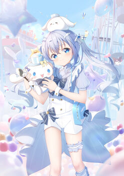 Rule 34 | 1girl, blue eyes, blue hair, commentary request, dian zhi sang, gochuumon wa usagi desu ka?, hair ornament, highres, holding, kafuu chino, long hair, looking at viewer, short sleeves, shorts, standing