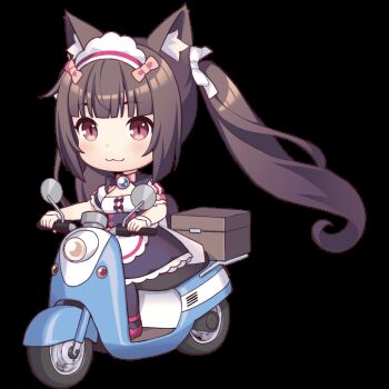 1girl :3 animal_ear_fluff animal_ears animated animated_gif apron black_bow black_dress black_thighhighs blush bow bowtie box brown_eyes brown_hair buttons cat_ears cat_girl chocola_(nekopara) closed_mouth dress driving hair_bow heart_button long_hair looking_ahead maid maid_apron maid_headdress moped motor_vehicle nekopara nekopara_sekai_connect pale_skin pink_bow pink_bowtie pink_shoes ribbon riding sayori_(neko_works) shoes short_dress smile thighhighs transparent_background twintails white_apron white_bow wrist_cuffs