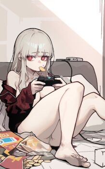 1girl barefoot breasts bright_pupils controller feet game_controller grey_hair habin_(rusellunt) highres holding holding_controller large_breasts long_hair original panties playing_games red_eyes rusellunt solo toes underwear video_game