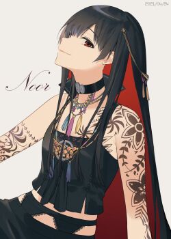 1girl arm_tattoo black_choker black_hair black_panties black_pants brown_eyes choker colored_inner_hair head_tilt henna highres long_hair multicolored_hair nijisanji nijisanji_in noor_(nijisanji) panties pants red_hair smile so_nagi_(artist) solo tank_top tattoo underwear very_long_hair virtual_youtuber