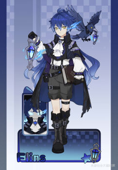 1boy absurdres alternate_costume animal animal_on_shoulder ascot belt bird bird_on_shoulder black_gloves black_shorts blue_hair book boots cape child closed_mouth dafu_zhentan flins_(genshin_impact) full_body genshin_impact gloves hair_between_eyes highres holding holding_book holding_lantern lantern long_hair long_sleeves looking_at_viewer male_focus owl shirt shorts solo standing suspender_shorts suspenders thigh_strap very_long_hair white_ascot white_shirt yellow_eyes