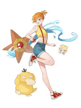 1girl :d bare_arms blush crop_top denim denim_shorts eyelashes full_body gen_1_pokemon gen_2_pokemon green_eyes holding holding_poke_ball leg_up midriff misty_(pokemon) nintendo open_mouth orange_hair poke_ball poke_ball_(basic) pokemon pokemon_(anime) pokemon_(classic_anime) pokemon_(creature) pokemon_rgby ponytail psyduck shirt shoes short_hair short_shorts shorts side_ponytail simple_background sleeveless sleeveless_shirt smile sneakers standing standing_on_one_leg staryu suspender_shorts suspenders togepi water white_background yellow_shirt