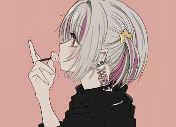 Rule 34 | 1girl, black collar, black hoodie, candy, collar, corset piercing, earclip, fingernails, food, from side, grey hair, hat ornament, highres, holding, holding candy, holding food, holding lollipop, hood, hood down, hoodie, kakeami, light blush, lollipop, long fingernails, makaino ririmu, multicolored hair, nail polish, nijisanji, one side up, pink background, pink eyes, pink hair, pink nails, pointy ears, portrait, profile, short hair, simple background, solo, spiked collar, spikes, star (symbol), star hat ornament, streaked hair, two-tone hair, virtual youtuber