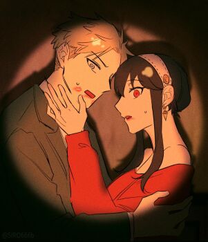 Rule 34 | 1boy, 1girl, bare shoulders, black hair, blonde hair, breasts, caught, commentary request, earrings, green jacket, grey eyes, hairband, hetero, husband and wife, jacket, jewelry, korean commentary, large breasts, lipstick mark, lipstick mark on face, off shoulder, open mouth, red eyes, siro666b, spotlight, spy x family, sweatdrop, twilight (spy x family), white hairband, yor briar