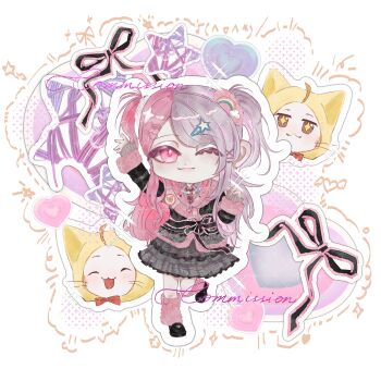 Rule 34 | + +, 1girl, :3, ^ ^, absurdres, ahoge, animal, arm up, badge, bead necklace, beads, black jacket, black ribbon, black shoes, brown eyes, cat, chibi, closed eyes, closed mouth, clothed animal, collared shirt, commission, dot nose, dress shoes, ear covers, everywherecoin, eyelashes, eyes visible through hair, frilled skirt, frilled wrist cuffs, frills, fur-trimmed jacket, fur-trimmed sleeves, fur trim, grey skirt, gyaru, hair ornament, hair scrunchie, hairclip, halftone, halftone background, happy, head only, heart, heart hair ornament, highres, hood, hood up, infinity nikki, jacket, jewelry, leg up, leg warmers, lipstick, long hair, long sidelocks, long sleeves, looking at viewer, makeup, miniskirt, momo (nikki), multicolored hair, multiple views, necklace, necktie, nikki (series), one eye closed, outline, parallel hairclips, pink arm warmers, pink eyes, pink hair, pink leg warmers, pink lips, pink necktie, pink scrunchie, pink shirt, plaid clothes, plaid necktie, plaid skirt, pleated skirt, rainbow hair ornament, ribbon, rosie sweetheart (infinity nikki), scrunchie, shirt, shoes, sidelocks, skirt, smile, sparkle, sparkling eyes, split-color hair, standing, star (symbol), star hair ornament, swept bangs, transparent background, two side up, very long hair, waist ribbon, watermark, whimstar (infinity nikki), white cat, white outline, white scrunchie, wrist cuffs, x hair ornament, y2k fashion, yarn, yellow hood