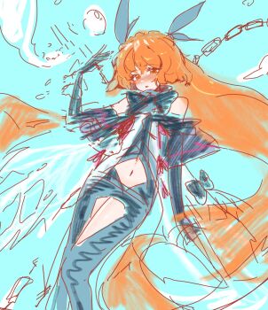 1girl air_bubble bare_shoulders black_bow black_bowtie black_gloves blue_background blue_capelet blush bow bowtie bubble capelet cowboy_shot detached_sleeves elbow_gloves gloves hair_bow hand_up highres ishmael_(project_moon) limbus_company limgumon looking_at_viewer navel orange_eyes orange_hair project_moon simple_background solo