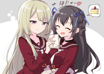 Rule 34 | +++, 2girls, :d, ^ ^, assault lily, belt, belt buckle, black choker, black hair, blonde hair, blue ribbon, blunt bangs, blush, breasts, brown cardigan, brown sailor collar, buckle, cake, cake slice, cardigan, cardigan around waist, choker, closed eyes, closed mouth, clothes around waist, collarbone, commentary, cousins, cream, cream on face, drill hair, food, food on face, grey background, hair ribbon, hand up, handkerchief, heart, high-waist skirt, holding, holding handkerchief, kanba girls high school uniform, long hair, long sleeves, looking at another, medium breasts, miyagawa takane, morugen, multiple girls, necktie, o-ring, o-ring choker, open mouth, purple eyes, red belt, red shirt, red skirt, ribbon, sailor collar, school uniform, shirt, short necktie, skirt, smile, speech bubble, spoken food, translation request, two-tone background, two side up, upper body, very long hair, white background, white necktie, wiping another's face, yokota haruna