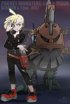 1boy ahoge blonde_hair character_name claws copyright_name frown full_body gen_7_pokemon gladion_(pokemon) green_eyes hood hoodie legendary_pokemon male_focus nintendo pokemon pokemon_sm red_footwear signature standing torn_clothes type:_null wackybee