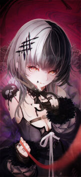 1girl :q absurdres akiyama_kou belt black_belt black_choker black_dress black_gloves black_hair black_jacket black_nails blurry blurry_foreground breasts chest_belt choker dress fingerless_gloves fur-trimmed_sleeves fur_trim gloves grey_hair hair_ornament heart heart_in_eye highres holding holding_leash holding_scissors hololive hololive_english jacket jewelry large_breasts leash long_hair looking_at_viewer multicolored_hair multiple_rings nail_polish open_clothes open_jacket pov ring scissors shiori_novella shiori_novella_(1st_costume) solo split-color_hair striped_arm_warmers striped_clothes striped_gloves symbol_in_eye tongue tongue_out two-tone_hair upper_body very_long_fingernails viewer_on_leash virtual_youtuber yellow_eyes yorick_(shiori_novella)