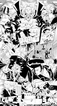 6+boys armor asakura_hao asakura_yoh bare_shoulders battle blood boris_(shaman_king) cape fighting grin hairband headphones highres holding holding_sword holding_weapon hood injury japanese_clothes jewelry katana long_hair looking_at_another looking_to_the_side lyserg_diethel monochrome morphine multiple_boys multiple_girls necklace official_art oyamada_manta possessed possession punching samurai sequential shaman_king siblings sitting sky smile spiked_hair spirit_of_fire sweat sword tao_ren tokagerou translation_request umemiya_ryuunosuke usui_horokeu vampire very_long_hair violence walking weapon