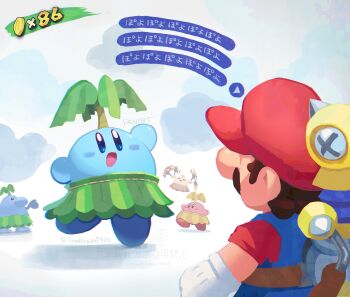 :d arm_up big_nose blue_eyes blue_overalls bright_pupils brown_hair copyright_notice crossover english_text f.l.u.d.d. facial_hair from_behind full_body gloves hand_up hat heads-up_display highres kirby kirby_(series) light_blush mario mario_(series) mustache nintendo open_mouth overalls pianta red_hat red_shirt shirt short_sleeves smile standing standing_on_one_leg super_mario_sunshine suyasuyabi translated twitter_username user_interface watermark white_gloves white_pupils