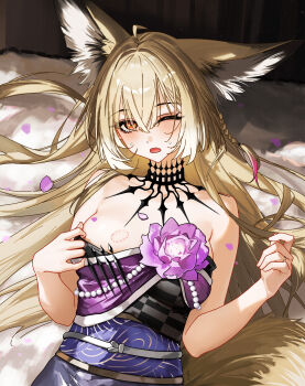 1girl absurdres animal_ear_fluff animal_ears arknights bare_arms bare_shoulders bite_mark bite_mark_on_breast blonde_hair blush braid breasts chinese_commentary collarbone commentary_request crossed_bangs dress gem hair_between_eyes highres long_hair looking_at_viewer lying medium_breasts multicolored_hair obi official_alternate_costume on_back one_eye_closed open_mouth orange_eyes pearl_(gemstone) pink_hair purple_sash sash solo strapless strapless_dress streaked_hair tail upper_body user_xapf3744 vulpisfoglia_(arknights) vulpisfoglia_(out_of_focus)_(arknights) white_hair yellow_tail