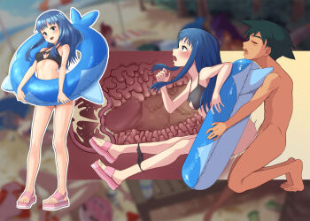 1boy :d ash_ketchum bikini bikini_bottom_pull black_bikini black_hair blue_eyes blue_hair blurry blurry_background breasts censored cervix clothed_female_nude_male cum cum_in_pussy dawn_(pokemon) deep_penetration ejaculation hetero highres innertube long_hair mosaic_censoring nintendo nude open_mouth paid_reward_available penis pokemon pokemon_(anime) pokemon_dppt_(anime) sandals sex sex_from_behind short_hair small_breasts smile swim_ring swimsuit toiro_gawon vaginal