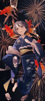 Rule 34 | 1girl, aerial fireworks, alt (apou), black hair, blue kimono, commentary request, festival, fireworks, fish, floral print, floral print kimono, full body, geta, goldfish, grey eyes, hand on own chest, hand up, highres, japanese clothes, kimono, long sleeves, looking up, night, night sky, obi, obiage, original, outdoors, parted lips, print kimono, sash, shoes, short hair, single shoe, sky, solo, standing, standing on one leg, stole, summer, summer festival, wide sleeves, yukata