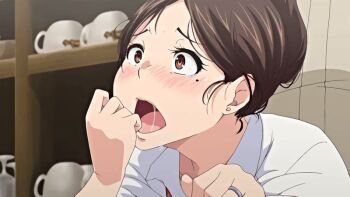 10s 1boy 1girl 2019 age_difference animated animated_gif blush brown_eyes brown_hair cheating_(relationship) earrings housewife implied_sex indoors jewelry leaning_forward mature_female mole mole_under_eye okusan_(yue_ni_hitozuma_wa_netorareta) open_mouth queen_bee_(animation_studio) restaurant ring surprised tagme waitress waitress_uniform wedding_ring yue_ni_hitozuma_wa_netorareta