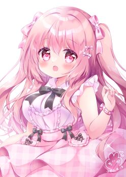 1girl absurdres black_ribbon breasts chiika_(cure_cherish) dress dress_shirt frilled_dress frilled_shirt frilled_sleeves frills hair_between_eyes hair_ornament hair_ribbon hairpin highres large_breasts looking_at_viewer original pink_dress pink_shirt pink_skirt ribbon shirt short_sleeves simple_background skirt smile tia_(chiika_cure_cherish) twintails white_background