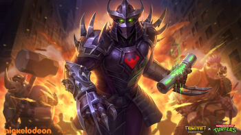 3boys andy_timm armor bandolier bebop belt chainsaw claws face_piercing full_armor glowing glowing_eyes green_eyes hammer helmet highres holding holding_chainsaw holding_hammer holding_weapon jewelry jumpsuit mask mohawk multiple_boys necklace ninja nose_piercing nose_ring official_art piercing pointy_nose purple-framed_eyewear rocksteady shoulder_armor shredder_(tmnt) skull_necklace smite spikes super_shredder_(tmnt) tank_top teenage_mutant_ninja_turtles tooth_necklace weapon yellow_jumpsuit yellow_tank_top