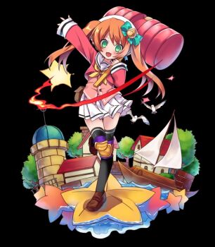 :3 arm_up belt_pouch bird black_background black_thighhighs blush boat brown_shoes flat_chest full_body green_eyes hair_between_eyes hammer haru_(merc_storia) highres holding holding_hammer house knee_guards loafers long_hair merc_storia merc_storia_art_team miniskirt neckerchief official_art open_hand open_mouth orange_hair outstretched_arm pink_serafuku pleated_skirt pouch sailboat sailor_collar school_uniform serafuku shoes sidelocks simple_background skirt smile solo spread_fingers standing standing_on_one_leg star_(symbol) tachi-e thighhighs thighs toy_hammer tree twintails v-shaped_eyebrows water watercraft waving white_sailor_collar white_skirt yellow_neckerchief