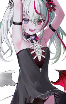 1girl absurdres angel_wings armpits black_dress blue_eyes cawfy demon_wings dress heterochromia highres loli multicolored_hair panties phase_connect red_eyes red_hair remilia_nephys streaked_hair underwear virtual_youtuber white_hair wings