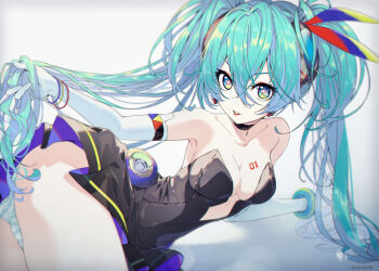1girl bad_id bad_pixiv_id bare_shoulders breasts commentary gloves green_hair hands_in_own_hair hatsune_miku jam8686 lipstick long_hair makeup red_lips simple_background small_breasts solo twintails very_long_hair vocaloid white_gloves