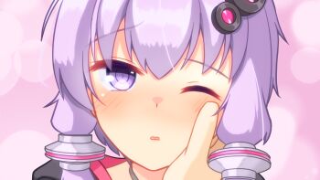 Rule 34 | 1girl, black jacket, blush, commentary request, hair ornament, hand on own cheek, hand on own face, highres, jacket, looking at viewer, one eye closed, open mouth, purple eyes, purple hair, short hair, short hair with long locks, simple background, tacticsmore, vocaloid, voiceroid, yuzuki yukari