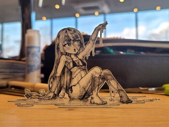 Rule 34 | 1girl, bikini, commentary, english commentary, flat chest, full body, highres, hololive, hololive indonesia, jqhnharqld, kureiji ollie, long hair, micro bikini, paper child, papercraft (medium), patchwork skin, photo (medium), side-tie bikini bottom, solo, stitched face, stitches, swimsuit, unconventional media, virtual youtuber, water, wet, zombie