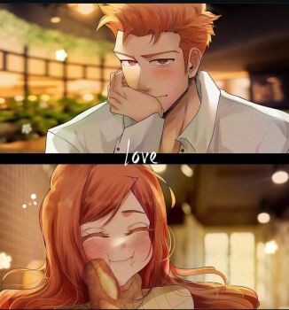 1boy 1girl black_border bleach blurry blurry_background blush border bread brown_eyes brown_hair closed_eyes collared_shirt english_text food food_on_face head_on_hand holding holding_food inoue_orihime kurosaki_ichigo light_smile loaf_of_bread long_hair looking_at_another orange_hair ribbed_sweater sela_(chanppu) shirt short_hair smile sweater turtleneck turtleneck_sweater white_shirt