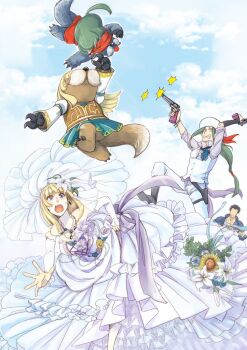 1girl alicia_(valkyrie_profile_2) arngrim blonde_hair bouquet bride cloud commentary_request dress flower gun hair_flower hair_ornament highres holding holding_gun holding_weapon jewelry long_hair meng_weyong multiple_boys necklace open_mouth ring rufus_(valkyrie_profile) valkyrie_profile valkyrie_profile_(series) valkyrie_profile_2:_silmeria weapon wedding wedding_dress wedding_ring white_dress white_flower