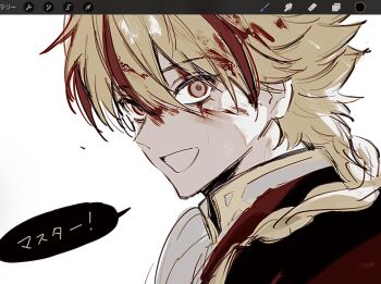 1boy armor art_program_in_frame blonde_hair blood blood_in_hair blood_on_face braid breastplate cape commentary_request fate/strange_fake fate_(series) highres looking_at_viewer male_focus multicolored_hair n915o open_mouth red_cape red_eyes red_hair richard_i_(fate) side_cape simple_background solo speech_bubble star_(symbol) streaked_hair triangle_mouth unfinished white_background