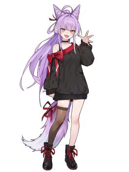 1girl :3 ahoge arm_at_side armpit_crease asymmetrical_legwear black_boots black_choker black_sweater black_thighhighs blue_eyes boots bow bra_strap brown_eyes choker commentary cone_hair_bun double_bun dress fang fox_girl fox_tail full_body hair_bun hair_intakes hand_up heterochromia highres hwashin02 long_hair long_sleeves looking_at_viewer off-shoulder_sweater off_shoulder open_mouth purple_hair red_bow simple_background single_off_shoulder single_thighhigh sleeves_past_wrists solo standing stellive sweater sweater_dress symbol-only_commentary tail tail_bow tail_ornament tenko_shibuki thighhighs tongue very_long_hair virtual_youtuber white_background
