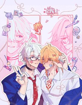 Rule 34 | 2boys, absurdres, alternate costume, antenna hair, black choker, blonde hair, blue eyes, blue jacket, blue nails, blush, braid, chest tattoo, choker, collared shirt, commentary, facial tattoo, glasses, gomi0421, gradient hair, hair ornament, hairpin, highres, honkai: star rail, honkai (series), jacket, male focus, medium hair, multicolored hair, multiple boys, mydei (honkai: star rail), necktie, open clothes, open jacket, parted bangs, phainon (honkai: star rail), red hair, red necktie, red tattoo, school uniform, shirt, short hair, side braid, sticker, sticker on face, tattoo, untranslatable commentary, white hair, white shirt, yaoi, yellow eyes