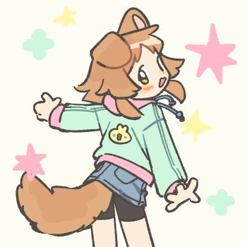 1girl animal_ears aqua_jacket bike_shorts blush brown_hair cowboy_shot denim denim_skirt dog_ears dog_girl dog_tail from_behind haru_(umiko_zzz) jacket looking_back one_ear_down open_hands open_mouth orange_eyes original short_hair skirt solo star_(symbol) tail umiko_zzz white_background
