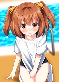 1girl bell blue_one-piece_swimsuit blurry blurry_background blush brown_hair clothes_pull collarbone commentary_request hair_bell hair_ornament highres indoors jingle_bell looking_at_viewer medium_hair motoori_kosuzu one-piece_swimsuit open_mouth orange_eyes orange_hair pool ruu_(tksymkw) school_swimsuit shirt shirt_pull short_hair short_sleeves socks solo sweat sweatdrop swimsuit swimsuit_under_clothes t-shirt touhou two_side_up white_shirt white_socks worried