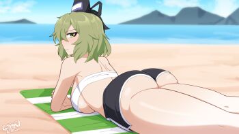1girl absurdres alternate_costume ass back beach bikini breasts green_hair hat highres julian_belkan large_breasts median_furrow on_floor outdoors short_hair soga_no_tojiko solo swimsuit tate_eboshi thick_thighs thighs touhou