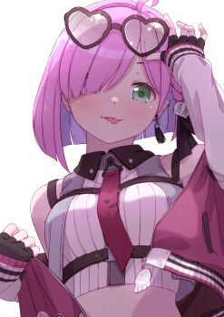 1girl :p adjusting_eyewear ahoge black_gloves breasts charm_(object) chest_harness crop_top cropped_vest diagonal_bangs earrings fingerless_gloves gloves green_eyes hair_over_one_eye harness heart heart-shaped_eyewear highres himemori_luna himemori_luna_(streetwear) hololive jacket jewelry long_sleeves looking_at_viewer medium_breasts necktie official_alternate_costume official_alternate_hair_length official_alternate_hairstyle pink_hair red_jacket red_necktie removing_jacket shirt short_hair simple_background solo striped_clothes striped_shirt tassel tassel_earrings tongue tongue_out upper_body vertical-striped_clothes vertical-striped_shirt vest virtual_youtuber white_background yaaben