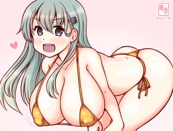 1girl alternate_costume aqua_hair artist_logo ass bikini blush breasts covered_erect_nipples cowboy_shot dated gold_bikini gradient_background hair_ornament hairclip heart kanon_(kurogane_knights) kantai_collection large_breasts logo long_hair looking_at_viewer open_mouth pink_background smile solo suzuya_(kancolle) swimsuit thong_bikini