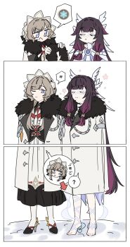 Rule 34 | 2girls, :<, ?, arrow (symbol), black collar, black hair, blue eyes, bow, brown hair, chinese commentary, closed eyes, closed mouth, coat, collar, columbina (genshin impact), commentary request, cryo symbol (genshin impact), dress, eye mask, fatui coat, flower, fur-trimmed coat, fur-trimmed hood, fur hood, fur trim, gelinzzz, genshin impact, hair ornament, head wings, headdress, highres, hood, invisible shoes, lapels, long hair, mask, multicolored hair, multiple girls, multiple wings, purple hair, purple streaks, ribbon, rope, sandrone (genshin impact), see-through clothes, see-through mask, short hair with long locks, simple background, smile, two-tone hair, very long hair, vision (genshin impact), white background, white coat, white dress, white headdress, white mask, white rope, white wings, wing hair ornament, wings, winter clothes, winter coat, x-shaped eyewear