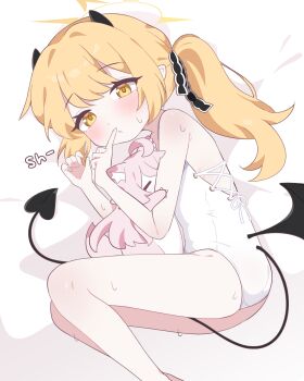 1girl absurdres black_horns black_tail blonde_hair blue_archive commentary demon_horns demon_tail demon_wings halo highres horns ibuki_(blue_archive) lattes2 long_hair one-piece_swimsuit solo swimsuit tail white_one-piece_swimsuit wings yellow_eyes