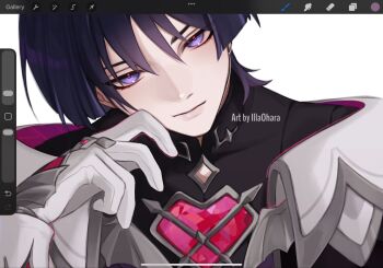 1boy art_program_in_frame artist_name black_shirt blunt_ends chest_jewel cleavage_cutout closed_mouth clothing_cutout collar commentary cosplay covered_collarbone english_commentary eyelashes eyeliner eyeshadow gem genshin_impact gloves hand_on_own_face hand_up head_tilt heart-shaped_gem highres illa_ohara light_smile lipgloss looking_at_viewer makeup male_focus mandarin_collar mini_durin_(genshin_impact) mini_durin_(genshin_impact)_(cosplay) mini_durin_(human)_(genshin_impact) portrait purple_eyes purple_hair red_eyeliner red_eyeshadow red_gemstone scaramouche_(genshin_impact) shirt solo tsurime white_background white_collar white_gloves wispy_bangs