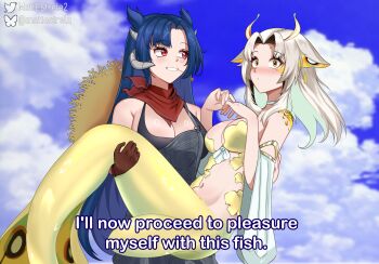 Rule 34 | 2girls, absurdres, antennae, arthropod girl, blonde hair, blue hair, blue sky, breasts, cleavage, cloud, cloudy sky, constellation, constellation hair ornament, dragon girl, dragon horns, fins, fish tail, gloves, grey horns, hat, highres, horns, indie virtual youtuber, insect girl, large breasts, long hair, matt estrela, mermaid, monster girl, moth antennae, moth girl, multiple girls, navel, red eyes, sanagi yuzu, sky, starry hair, straw hat, suspenders, suspenders hanging, tail, vienna (farmer) (vtuber), vienna (vtuber), virtual youtuber, yellow eyes, yuri