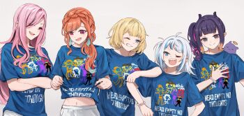 5girls :d black_hair blonde_hair blue_hair blue_shirt bracelet breasts clenched_teeth clothes_lift commentary english_text furrowed_brow gawr_gura gradient_hair green_hair grin hand_on_own_chest highres hololive hololive_english holomyth jackbox jewelry large_breasts mori_calliope multicolored_hair multiple_girls navel ninomae_ina&#039;nis one_eye_closed one_side_up open_mouth orange_hair pink_eyes pink_hair purple_eyes purple_hair sharp_teeth shirt shirt_lift short_hair short_sleeves simple_background smile standing streaked_hair takanashi_kiara takodachi_(ninomae_ina&#039;nis) teeth tentacle_hair text_print upper_body virtual_youtuber watson_amelia white_background white_hair yuuyu_(777)