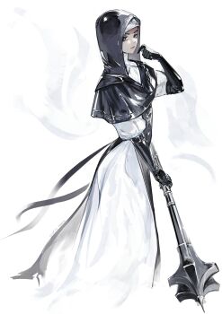 1girl absurdres black_bodice black_capelet black_gloves black_hood capelet dress elden_ring elden_ring_nightreign flanged_mace from_side gloves hand_up highres holding holding_mace holding_weapon looking_at_viewer mace qederapawn solo undertaker_(elden_ring) weapon white_background white_coif white_dress