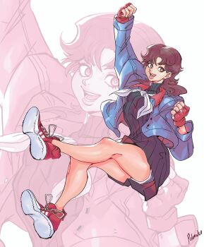 1girl absurdres artist_name brown_eyes brown_hair capcom converse female_focus fingerless_gloves gloves highres kasugano_sakura mma_gloves multiple_views open_mouth polomalco red_gloves shoes sneakers solo street_fighter street_fighter_6
