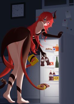 1girl absurdres amity_(azur_lane) ass azur_lane barefoot black_dress black_gloves blue_eyes blush bottle breasts clock closed_mouth commentary dark dress drink_carton egg elbow_gloves english_commentary eyes_visible_through_hair food gloves hair_between_eyes heterochromia highres holding holding_bottle holding_food horns jewelry large_breasts living_clothes long_hair looking_at_viewer milk_carton nights_viper opening_door pink_eyes red_hair refrigerator ring single_horn soda_bottle solo standing variant_set very_long_hair